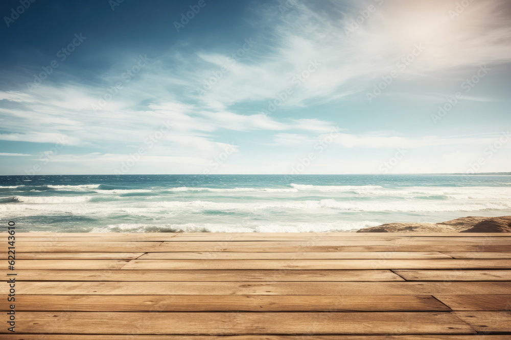 Fototapeta premium wooden board with sea background