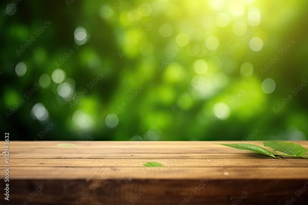 wooden board with green nature background
