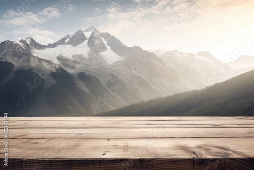 wooden board with mountain background © waranyu