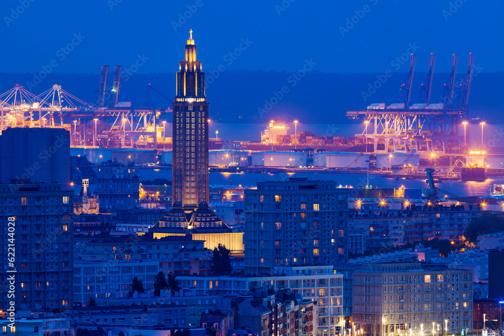 Fototapeta premium Panorama of Le Havre at night. Le Havre, Normandy, France