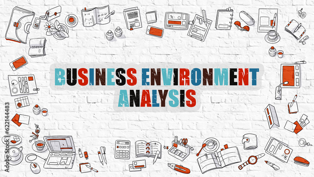 Business Environment Analysis - Multicolor Concept with Doodle Icons Around on White Brick Wall Background. Modern Illustration with Elements of Doodle Design Style.