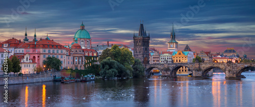 Panoramic image of Prague, capital city of Czech Republic, during sunrise.