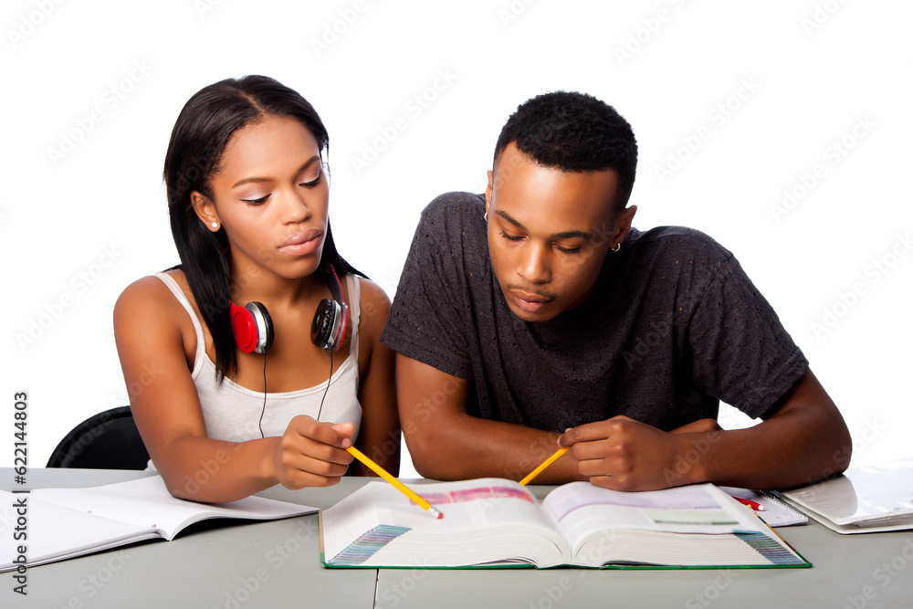 Two students studying together from text book, lifestyle tutoring concept, on white. Two students studying together from text book, lifestyle tutoring concept, on white.
