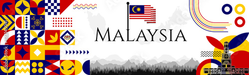 Malaysia Independence Day abstract banner design with flag and map. Flag color theme geometric pattern retro modern Illustration design. Red, Blue and Yellow flag color template.