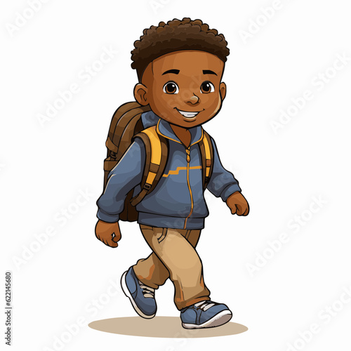 simple cartoon clipart black african american boy student child going to school white background