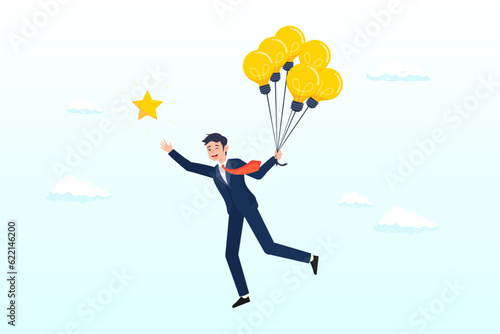 Businessman flying with light bulb idea to catch star in the sky, creativity, innovation to help reach business goal, light bulb idea to success, leadership to get solution to achieve goal (Vector)