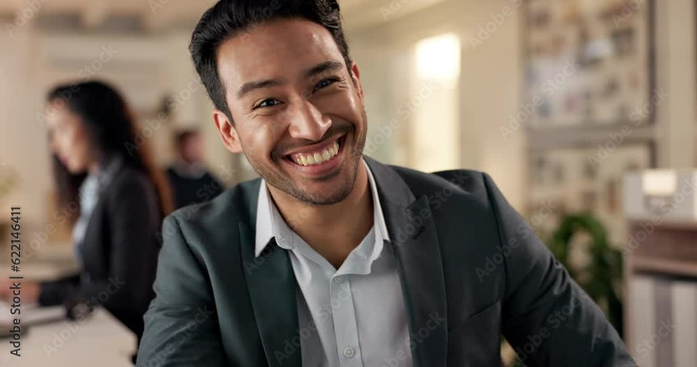 Happy, businessman and working on computer, desk and typing an office communication or consultant in crm. Portrait, employee laughing with pride or success in consulting startup or business deal Happy, businessman and working on computer, desk and typing an office communication or consultant in crm. Portrait, employee laughing with pride or success in consulting startup or business deal