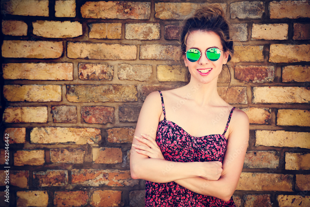 Portrait of Trendy Fashion Woman on Brick Wall Background. Girl in Summer Dress. Urban Street Style Concept. Toned Photo with Copy Space. Portrait of Trendy Fashion Woman on Brick Wall Background. Girl in Summer Dress. Urban Street Style Concept. Toned Photo with Copy Space.