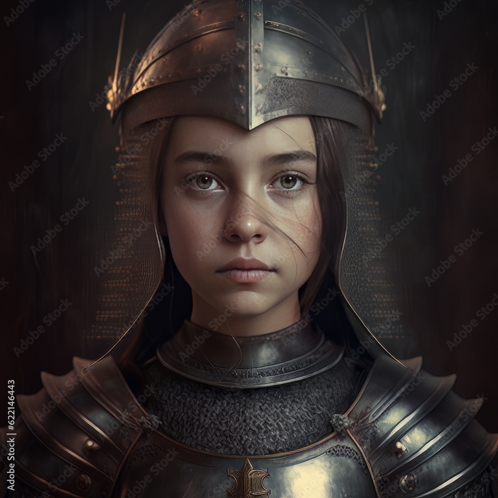 Female warrior dressed in ancient armor and a helmet looks into the ...