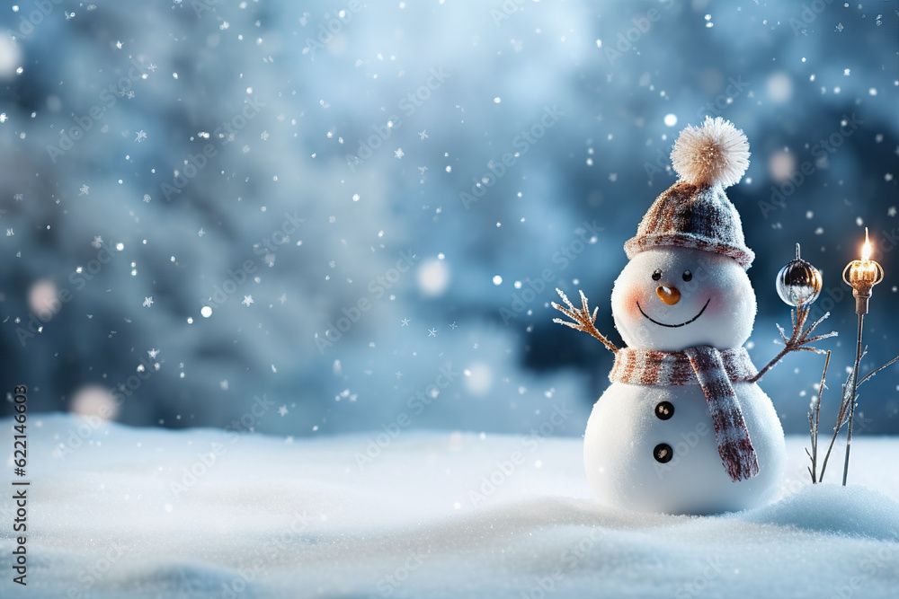 Snowy Delights Christmas Winter Background with Snowman and Blurred Bokeh - Merry Christmas and Happy New Year Greeting Card with Copy Space, created with Generative AI