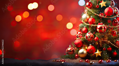 Festive Radiance Christmas Tree with Ornament and Bokeh Lights in Red Background - Featuring Christmas Balls and Gift Boxes  created with Generative AI
