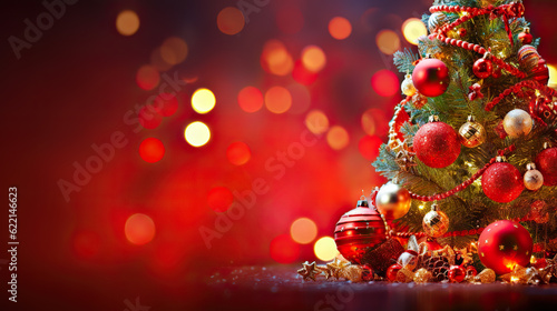 Festive Radiance Christmas Tree with Ornament and Bokeh Lights in Red Background - Featuring Christmas Balls and Gift Boxes, created with Generative AI