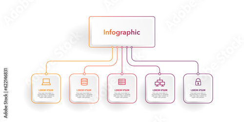 Infographic diagram 5 options for business presentation. Mind Map, Process, Template, Flowchart, Diagram, Teamwork. Vector illustration.