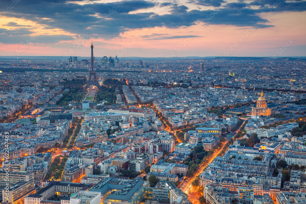 Fototapeta premium Aerial view of Paris at sunset. View from Montparnasse Tower.