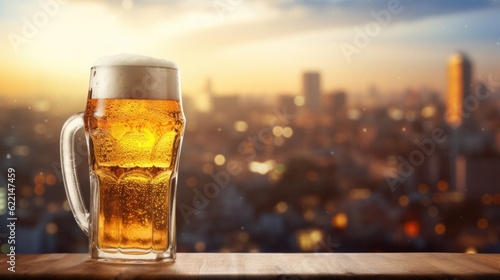 Ice freezing mug of beer with urban cityscape street view background.