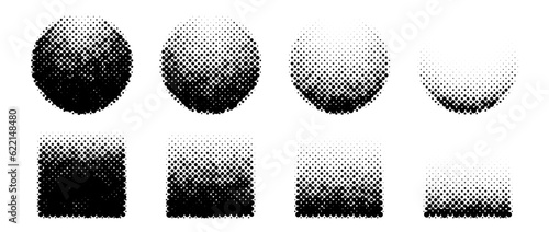 Halftone circle and square shapes set. Dotted textured spheres and cubes collection. Round fading gradient in comic and pop art style. Black design elements bundle. Pixelated background pack. Vector