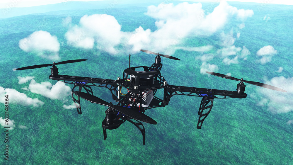 3D render of a drone flying above the clouds 3D render of a drone flying above the clouds
