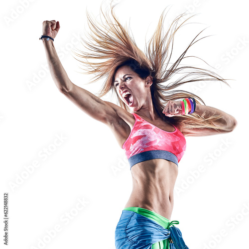 one caucasian woman exercising fitness excercises dancer dancing in studio isolated on white background