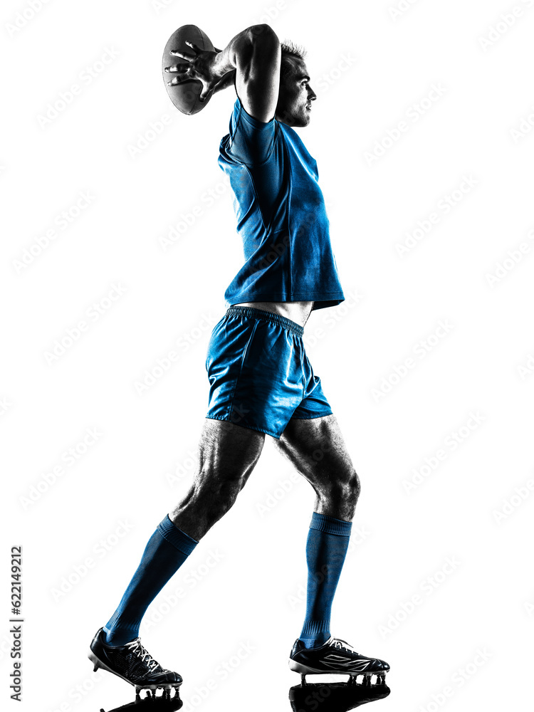 one caucasian rugby man player silhouette isolated on white background one caucasian rugby man player silhouette isolated on white background