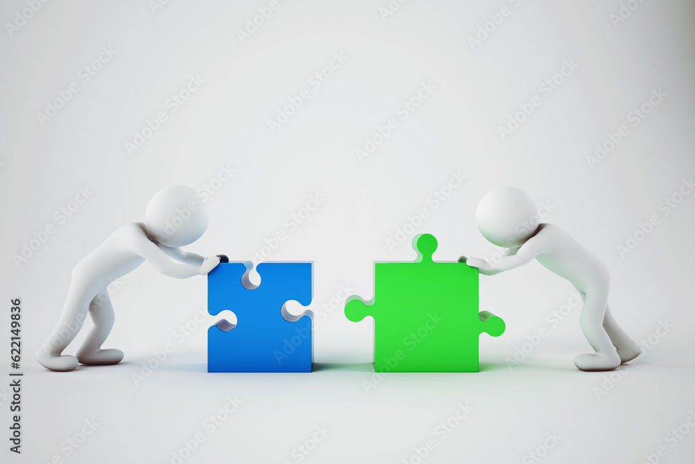 White businesspeople build a company with puzzle. Concept of parthership and teamwork. 3D rendering. White businesspeople build a company with puzzle. Concept of parthership and teamwork. 3D rendering.