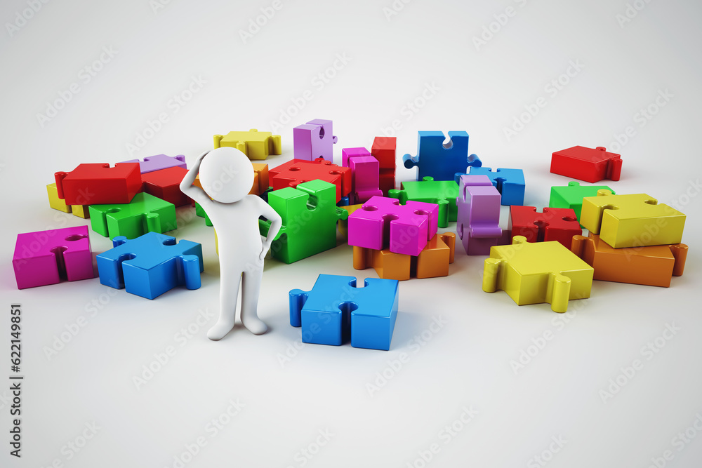 Obraz premium Confused white cartoon man try to build a company. 3D rendering
