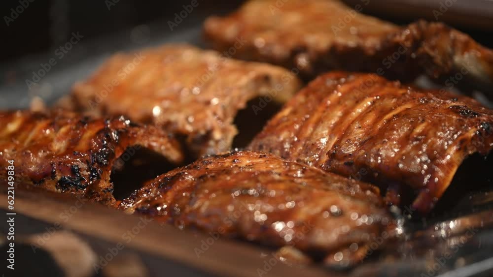 Grilled and barbecue ribs pork in the market or street market. Street food. Grilled and barbecue ribs pork in the market or street market. Street food.