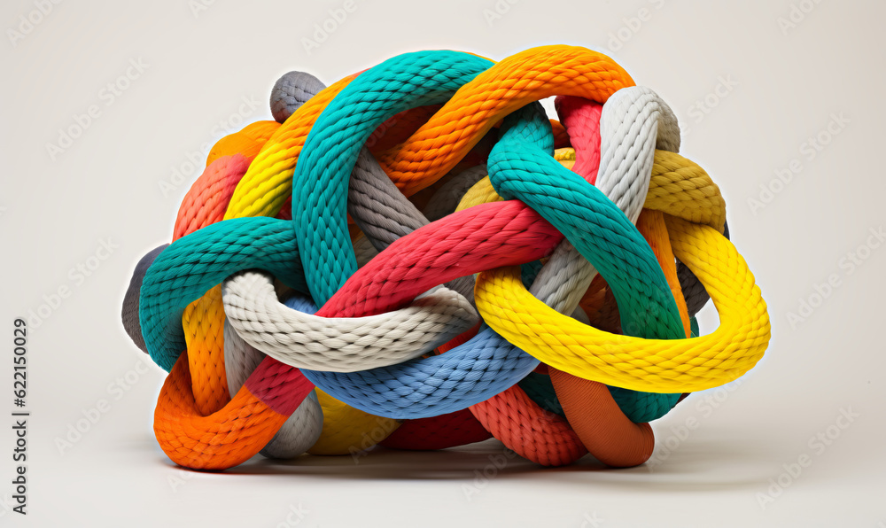 A tangled pile of coloured rope. Confusion and thought process concept A tangled pile of coloured rope. Confusion and thought process concept