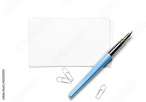 3D illustration of blank greeting cards, paperclips and fountain pen over white background, top view.