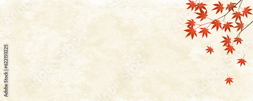 ベージュの和紙の背景に赤い紅葉の枝と葉のイラスト