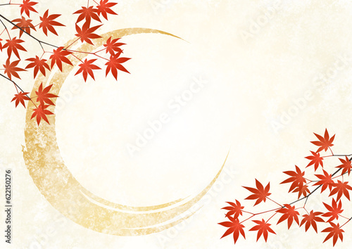 ベージュの和紙の背景に赤い紅葉の枝と葉、筆のストロークのイラスト