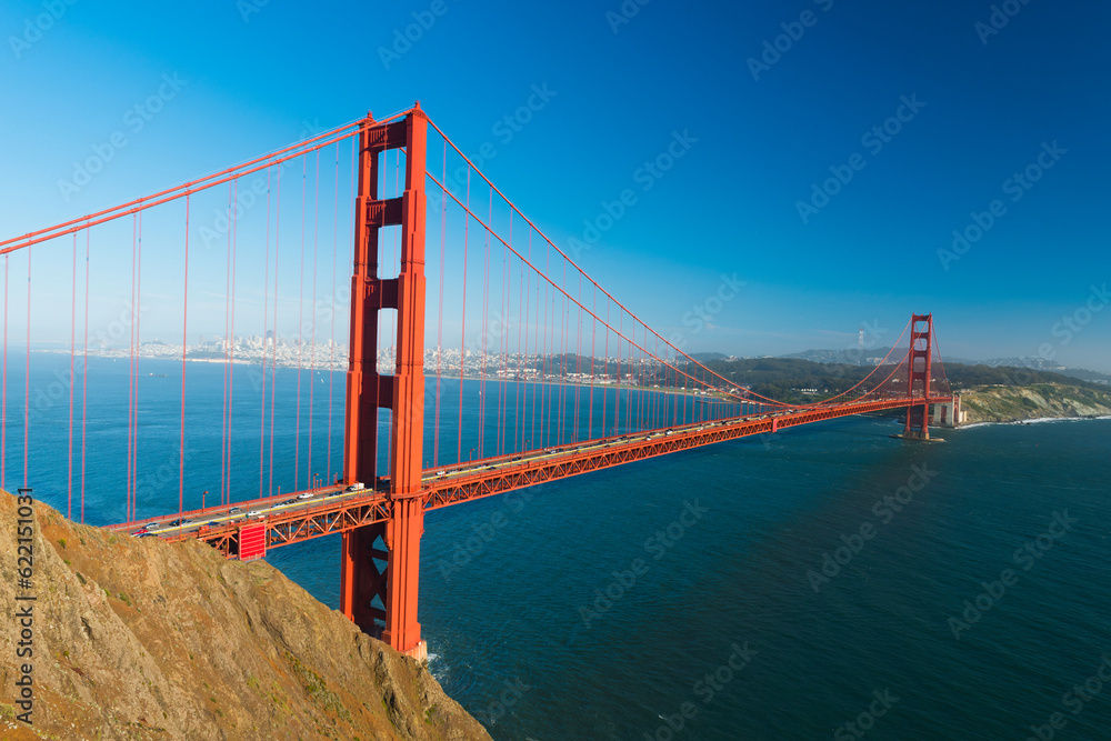 View at Golden Gate Bridge which spans Golden Gate strait at San Francisco Bay. California, USA