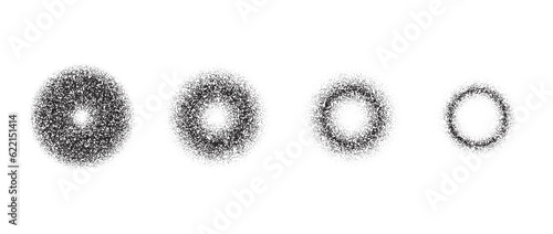 Set of textured gradient circles. Black dotted rings collections. Stippled round elements pack. Fading noise grain dotwork shapes. Halftone effect illustrations bundle. Vector 