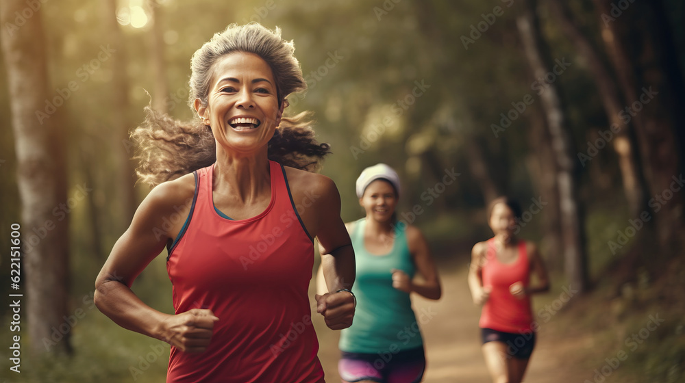 generativeAi.  old woman and friend run in the moring. marathon. healthy  hiking in nature. Runner, athlete or african sports person for workout goal or marathon exercise in woods