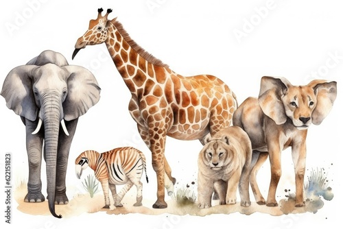 Watercolor set with savannah animals. Giraffe, elephant, lion on white background. Generative ai © Алина Бузунова