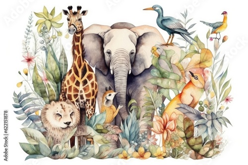 Fototapeta Naklejka Na Ścianę i Meble -  Watercolor jungle and animals. Giraffe, elephant, bird, monkey on white background. Generative ai