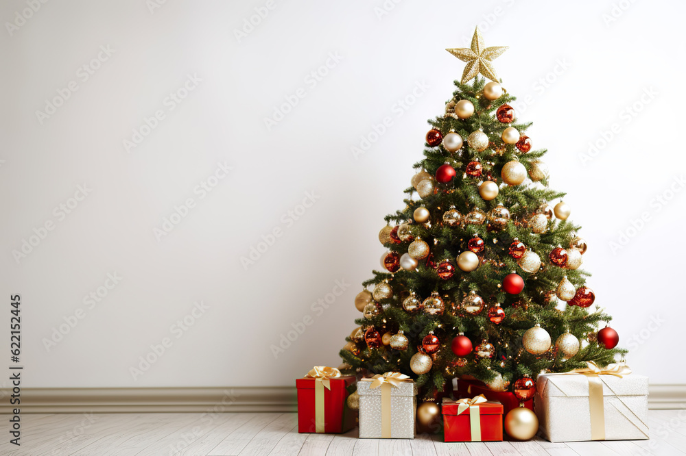 Festive Splendor Big Beautiful Christmas Tree with Shiny Baubles and Abundance of Presents on Wooden Floor - White Wall Background with Ample Copy Space. created with Generative AI