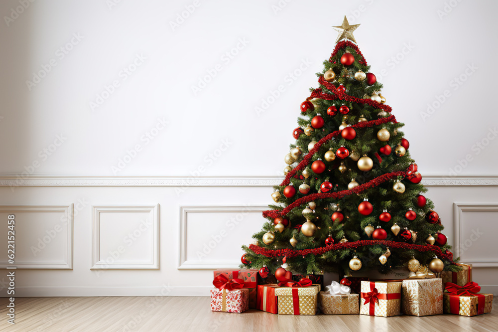Festive Splendor Big Beautiful Christmas Tree with Shiny Baubles and Abundance of Presents on Wooden Floor - White Wall Background with Ample Copy Space. created with Generative AI