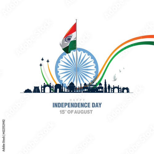 happy independence day India. Ashoka chakra with Indian flag. vector illustration design