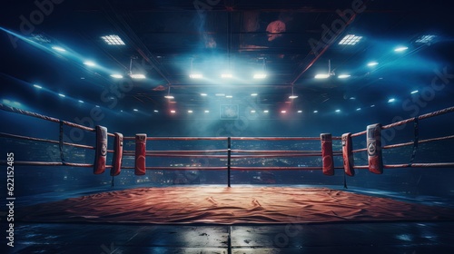 Epic empty boxing ring in the spotlight on the fight night AI photo