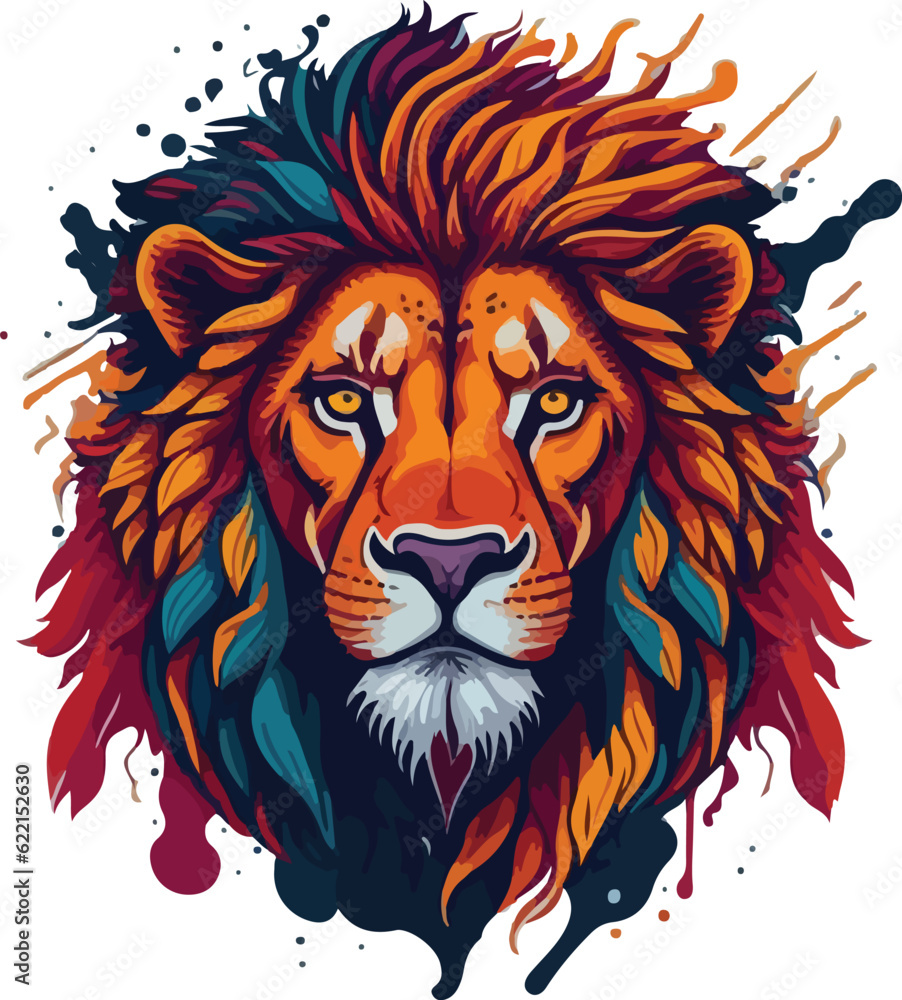 Colorful lion face drawing vibrant vivid colored t-shirt design vector illustrations. Multihued lion majesty
