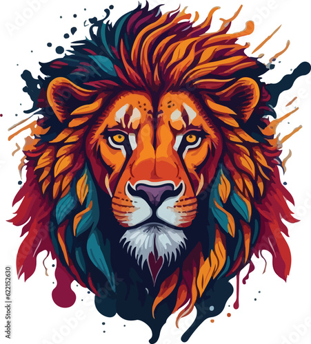 Colorful lion face drawing vibrant vivid colored t-shirt design vector illustrations. Multihued lion majesty