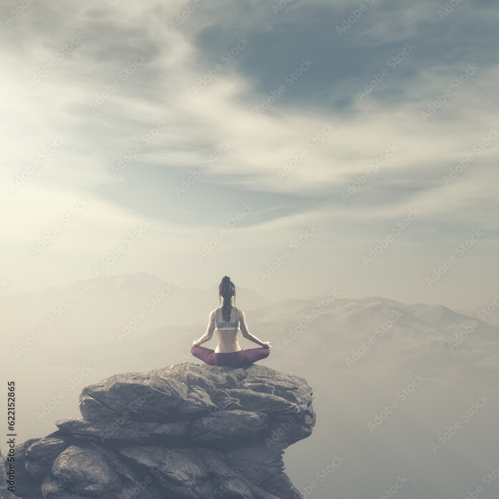 The young woman doing yoga at the top of the mountain. This is a 3d render illustration