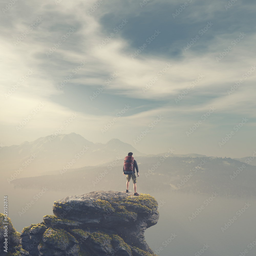 Hiker with backpack standing on top of a mountain. This is a 3d render illustration