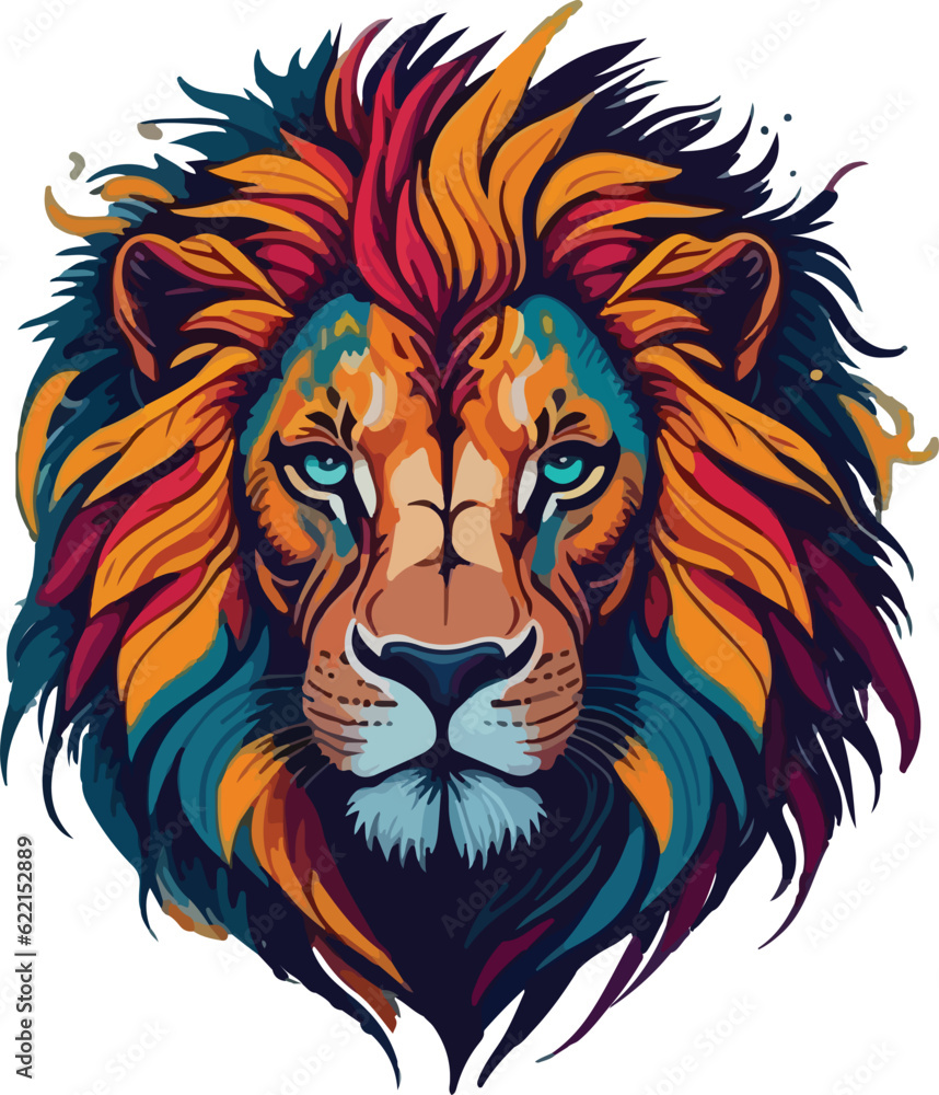 Colorful lion face drawing vibrant vivid colored t-shirt design vector illustrations. Whimsical roaring lion charm