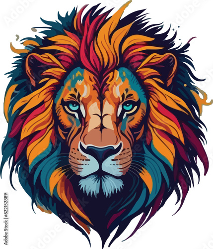 Colorful lion face drawing vibrant vivid colored t-shirt design vector illustrations. Whimsical roaring lion charm