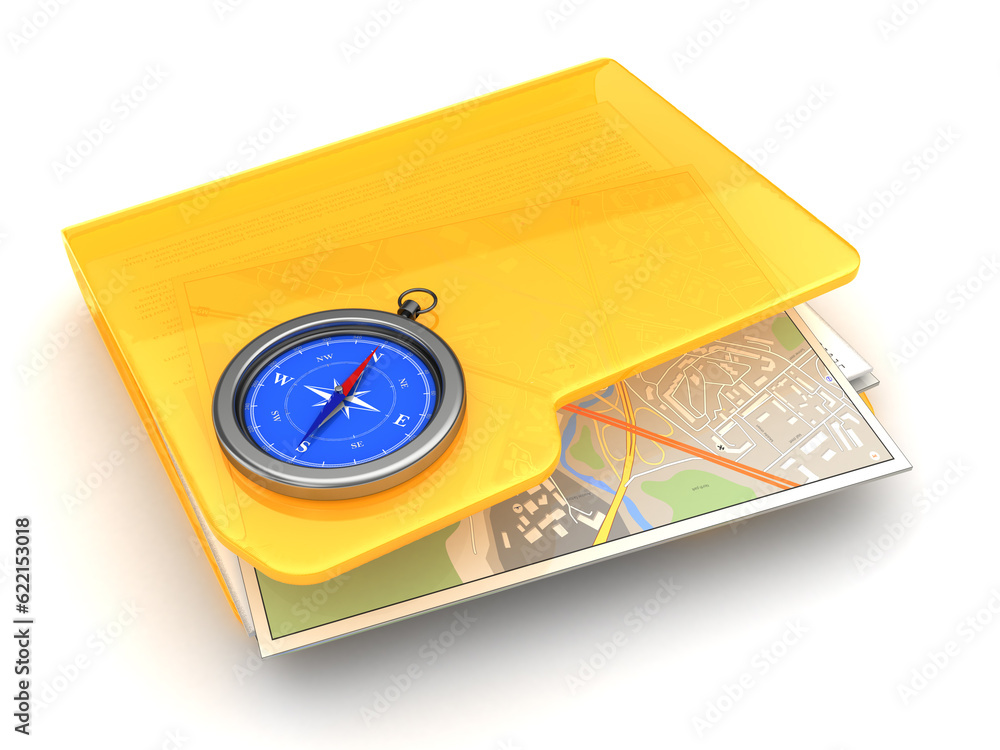 3d illustration of folder with maps and compass 3d illustration of folder with maps and compass