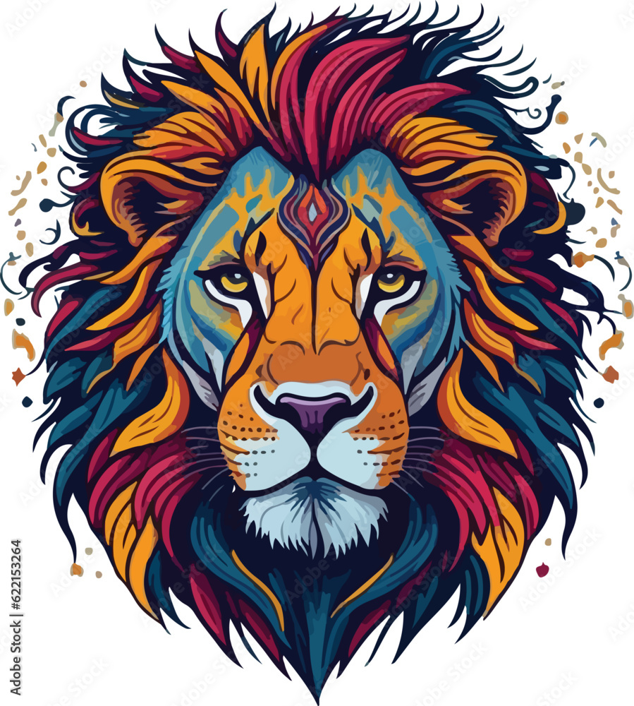 Colorful lion face drawing vibrant vivid colored t-shirt design vector illustrations. Radiant lion beauty