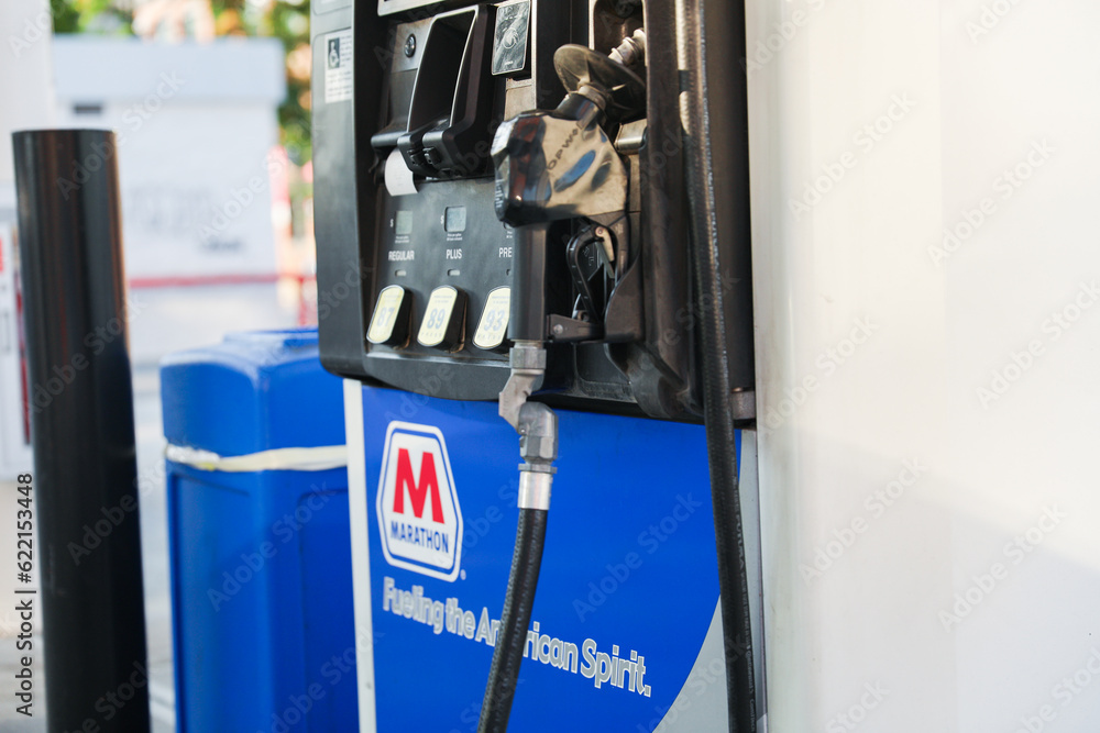 Providence, RI, USA, July 11, 2023, Marathon gas station sign