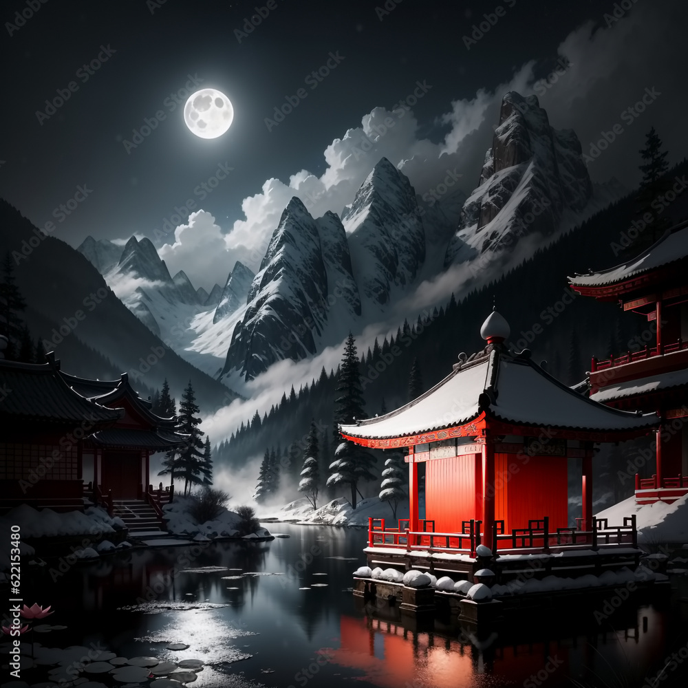 Japanese pagoda with pond. Generative AI Japanese pagoda with pond. Generative AI
