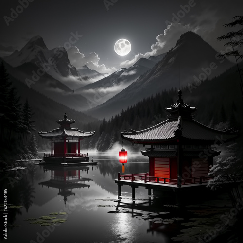 Japanese pagoda with pond. ...